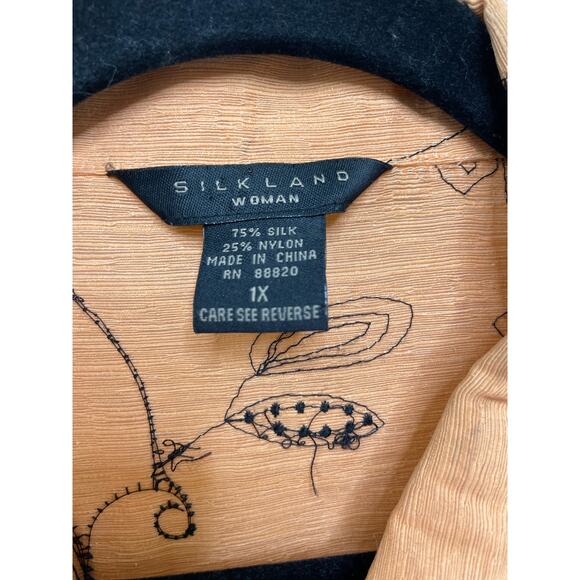 Silkland Woman Long Sleeve Silk Embroidered Floral Button Down Shirt Orange 1X - Picture 5 of 9